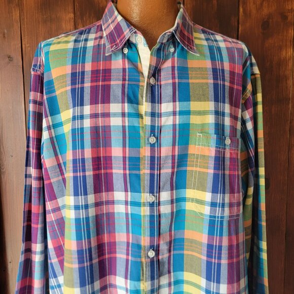 Club Room Men XXL Madras Plaid Shirt 100% Cotton Button Down Collar Long Sleeve - Picture 5 of 13